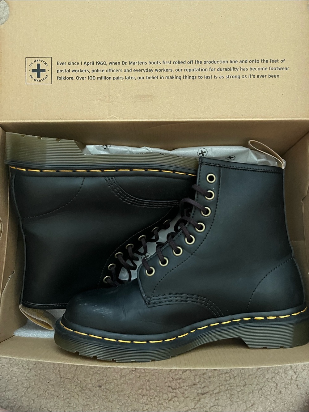 Dr. Martens Black 8-Eye Vegan 1460 Lace-Up Combat Boots with Yellow Stitching